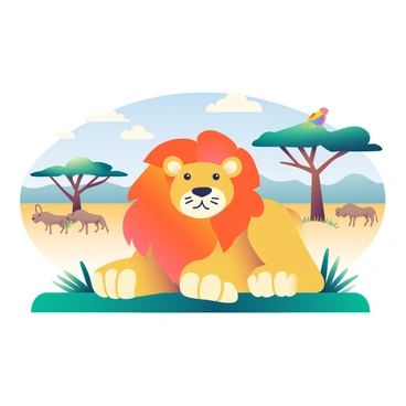 A majestic lion with a thick mane is positioned in the center of the image on a savanna landscape. The lion's fur is a rich golden color, contrasting with the deep green grass beneath its paws. In the background, a wide expanse of savanna stretches out, dotted with acacia trees and tufts of dry grass. The sky is a bright blue, with a few fluffy white clouds scattered across it. A small herd of wildebeest can be seen grazing in the distance, and a colorful bird is perched on a nearby branch. The scene captures the vibrant life of the savanna in a harmonious setting.