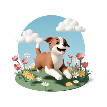A medium-sized brown dog with white patches, joyfully leaping through a vibrant meadow filled with colorful wildflowers, including red poppies and yellow daisies. The dog has its ears flopped back and its tongue out, expressing excitement. A clear blue sky with a few fluffy white clouds stretches above, and the sunlight casts soft shadows on the green grass, enhancing the lively atmosphere of the scene. The flowers sway gently in the breeze as the dog bounds playfully among them.
