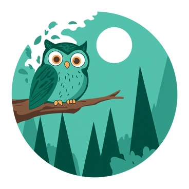 A teal wise owl with large, round eyes is perched on a sturdy brown branch. Its feathers are detailed with intricate patterns that highlight its wisdom. Below the owl, there is a moonlit forest with tall trees casting elongated shadows on the ground. The moon is full and bright, illuminating the scene with a soft glow. The background features various shades of green leaves, adding depth to the tranquil forest setting.