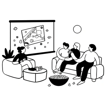 A group of people sitting on a cozy couch in a living room, focused on a large screen displaying a movie scene. A projector is placed nearby, casting the film onto the screen. In the center of the scene, there is a large bowl of popcorn placed on a coffee table, with some popcorn scattered around. The atmosphere is relaxed, and the room is filled with a sense of communal enjoyment.