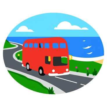 A bright red double-decker bus is cruising along a winding seaside road. The bus is depicted from a side angle, showcasing its iconic design with large windows and a rounded roof. Flanking the road, vibrant green grass and colorful wildflowers sway gently in the breeze. In the background, the sparkling blue ocean stretches out, glistening under the sun, with white-capped waves gently rolling onto the shore. A clear blue sky overhead is dotted with a few fluffy white clouds.