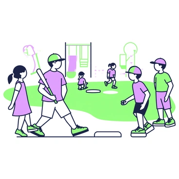 A group of schoolchildren is engaged in a game of baseball during recess. In the foreground, the batter is a boy wearing a green cap and a purple t-shirt, holding a bat with both hands. He is in a winding stance, preparing to swing at the incoming pitch. Behind him, two other boys stand in the outfield, one wearing a purple cap and the other in a green shirt, watching intently. Near the bases, a girl with a ponytail and a purple dress is waiting to run. In the background, visible playground equipment, such as swings and slides, can be seen, while other children play in the distance. The scene conveys excitement and camaraderie among the children as they enjoy their recess.