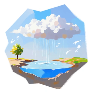 An illustration depicting the water cycle in a clear and educational manner. The scene features a bright blue sky with fluffy white clouds representing condensation. Below, a tranquil body of water reflects the sunlight, indicating the evaporation process. The clouds are depicted as becoming heavy with water, and raindrops are shown falling from them, illustrating precipitation. Arrows may indicate the movement of water from one stage to another, creating a visual flow of the entire cycle.
