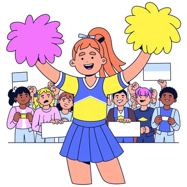 A cheerleader wearing a colorful uniform with a short skirt and a fitted top. She has long hair tied in a high ponytail. She is shaking vibrant pom-poms in her hands, with one pom-pom being bright pink and the other sunny yellow. Her face is adorned with a bright smile, exuding enthusiasm. The background shows a crowd of fellow students with banners and signs, all engaged in the excitement of the pep rally.