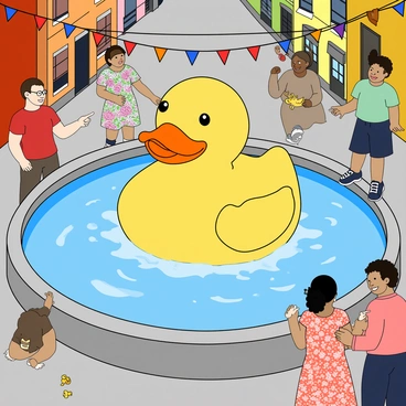 A giant yellow rubber duck with a smooth, shiny surface floating serenely in the center of a large circular fountain. The fountain has clear blue water splashing around the duck, creating a cheerful atmosphere. Surrounding the fountain, there are several amused onlookers of diverse backgrounds, including a man with glasses wearing a red t-shirt and a woman in a floral dress, both smiling and pointing at the duck. Children are playing nearby, one holding a small toy duck, while another is laughing and splashing water. In the background, colorful buildings line the streets, with bright banners hanging above, adding to the playful scene.