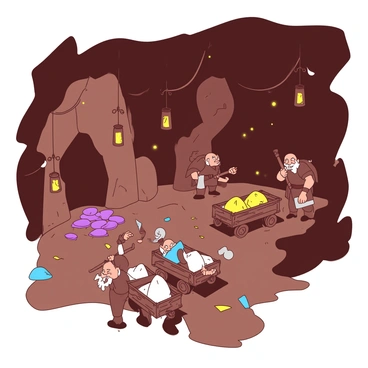 A brown dwarven mine filled with activity as dwarves are seen working diligently. The rocky walls of the mine are adorned with glowing gemstones in vibrant shades. Some gemstones emit a bright blue light, while others shine with a warm yellow hue. Dwarves are using pickaxes to extract more gems and carrying wooden carts filled with treasures deeper into the mine. Lanterns hang from the ceilings, casting shadows and illuminating their hard work. The atmosphere is filled with the sounds of chiseling and the clinking of metal.