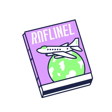 A matchbook is displayed on a flat surface, featuring a cover that showcases a retro airplane soaring over a globe. The airplane is depicted in a side view with distinct vintage details, such as streamlined wings and a pointed nose. The globe beneath it has visible landmasses and is partially shaded to highlight its curvature. On the matchbook cover, the airline's name is prominently embossed in bold letters, surrounding the design. The edges of the matchbook are slightly worn, suggesting age, and the overall aesthetic reflects the charm of the 1950s era.