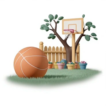 A brown basketball, with its characteristic textured surface and orange color, is sitting on freshly cut grass. Next to it is a homemade basketball hoop, crafted from a wooden frame with a net attached to a tree branch. The backyard is cozy, featuring a wooden fence in the background and colorful flower pots placed around. Soft sunlight filters through the leaves of nearby trees, casting gentle shadows on the ground.