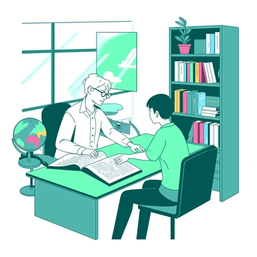 A white language tutor is sitting at a teal wooden desk, attentively guiding a student through a lesson. The tutor is pointing at a large open book filled with text. The student, a young teen with dark hair, is sitting across the desk, looking at the book with focused interest. Sunlight is streaming through a nearby window, casting a warm glow over a shelf filled with colorful books and a small potted plant. A comfortable chair is positioned next to the desk, and a globe is placed in the corner of the room. The atmosphere feels organized and conducive to learning.