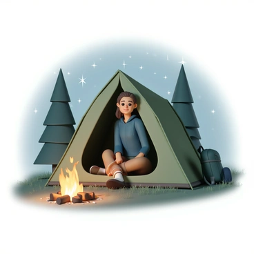 A woman named Marie, wearing a navy blue jacket and brown hiking pants, is seated inside a green tent. The tent is partially open, revealing her relaxed expression as she looks out at the night sky filled with stars. Nearby, a cozy campfire is glowing, casting warm light that flickers against the backdrop of tall trees. Sparks are gently rising from the fire, while a few logs are arranged around it. The ground is covered in a soft layer of grass and small pebbles, enhancing the rustic camping atmosphere. A backpack can be seen leaning against the tent, completing the scene.