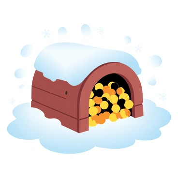A snow-covered beehive sits in a frosty landscape, its exterior blanketed in a thick layer of white snow. Surrounding the hive, the ground is dusted with snowflakes, creating a serene winter scene. The beehive is made of wood, with a round, domed top and several openings. Inside, clusters of bees are huddled closely together for warmth, their bodies creating a warm, golden mass against the cold backdrop. Delicate snowflakes gently fall around the scene, enhancing the winter atmosphere.