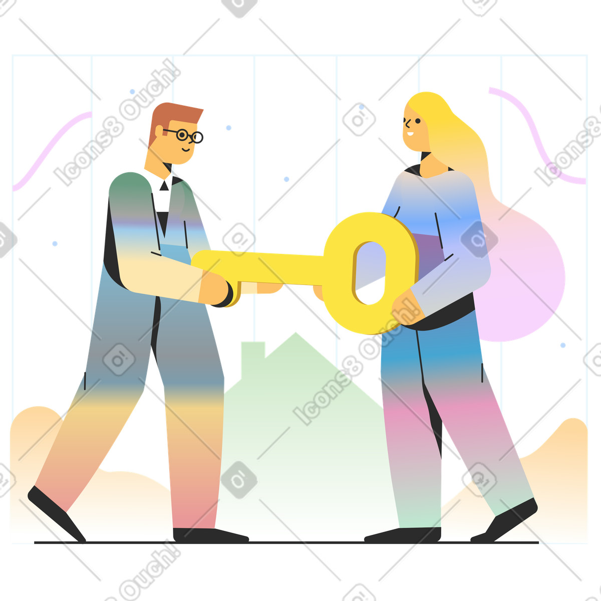 Ilustração de Homem dando uma chave para mulher em no estilo Marginalia baixar em PNG, SVG
