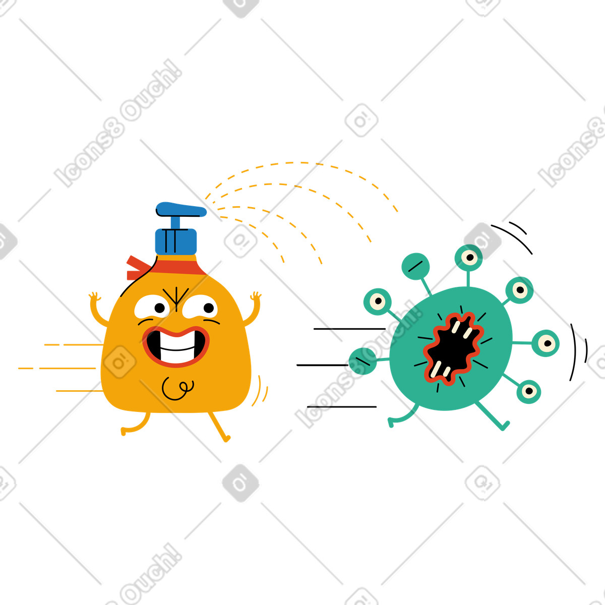 Flacone antisettico a caccia del virus covid-19 illustrazione in stile Jelly scarica in PNG, SVG