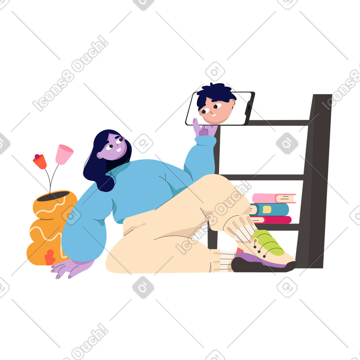 Casual video conversation at home, Remote friendship and socializing illustration in Dizzy style download in PNG, SVG