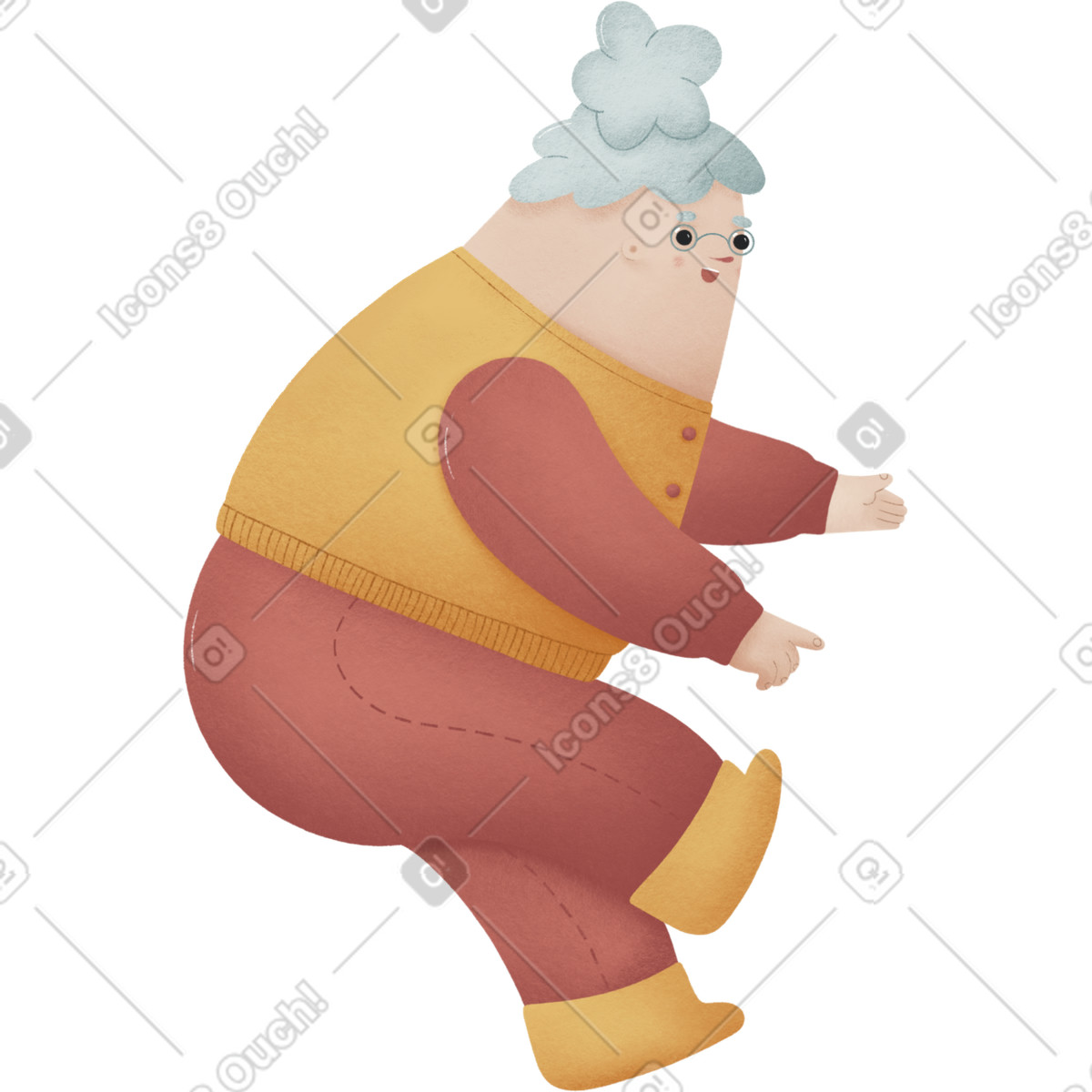 Woolly スタイルの Granny in red pants and a yellow vest sits のイラストをPNG、SVG形式でダウンロード