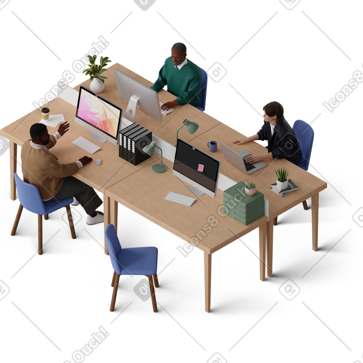 Isometric view of colleagues working and talking in the office illustrazione stile 3D Hygge scarica PNG, SVG