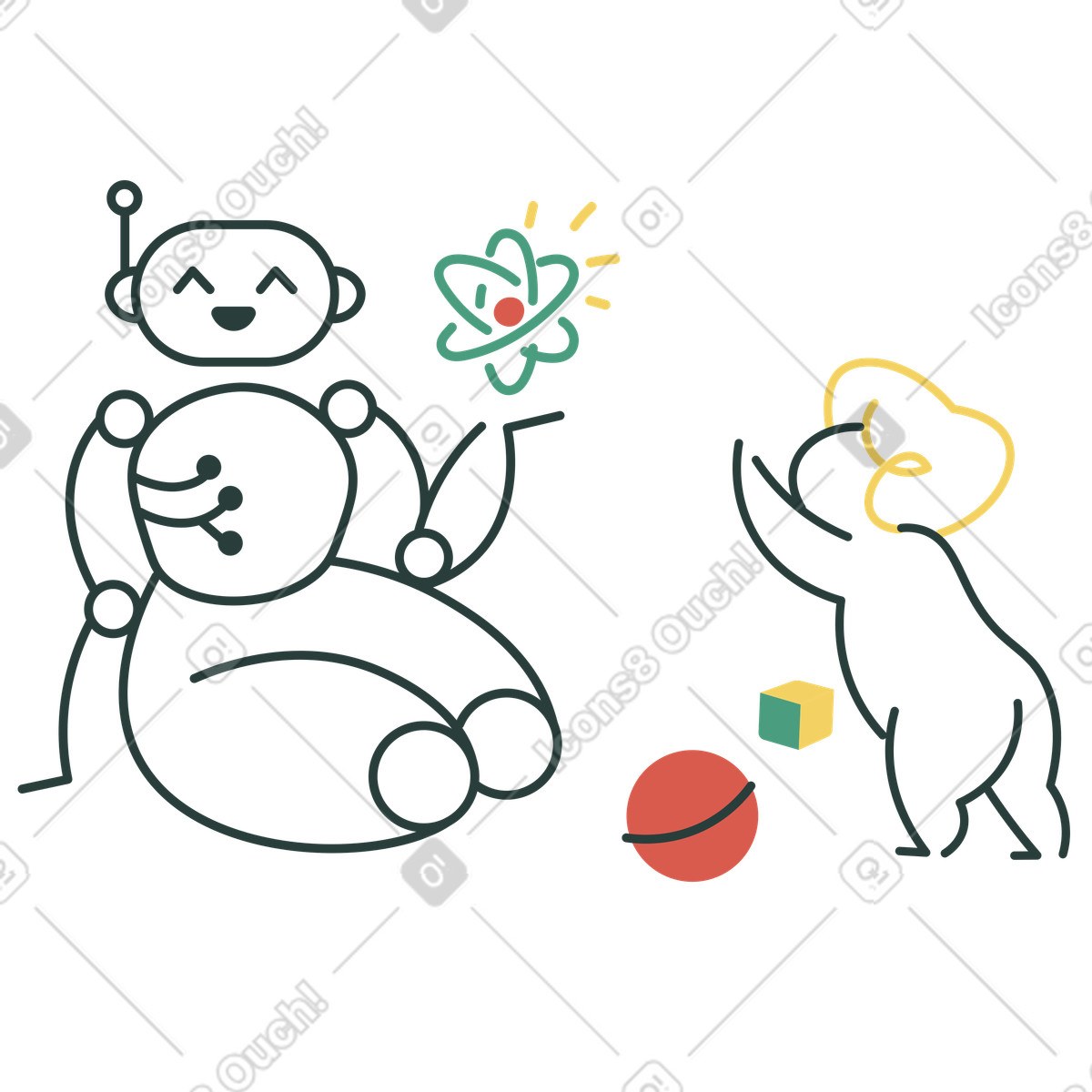 Illustration Machine learning avec robot et bébé dans le style Macaroni à télécharger aux formats PNG, SVG