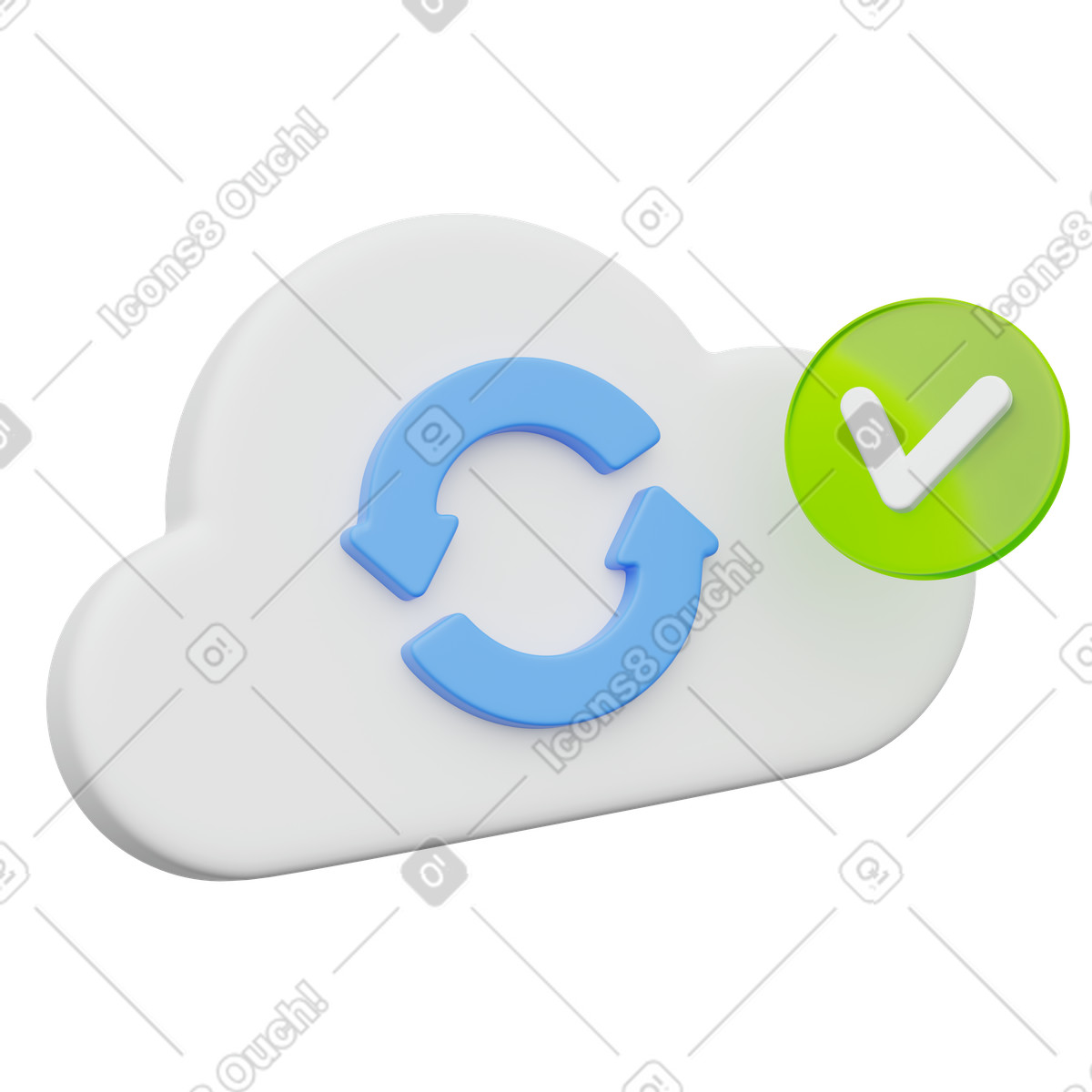 3D Playful スタイルの Cloud sync confirmed data backup with green checkmark security concept のイラストをPNG、SVG形式でダウンロード