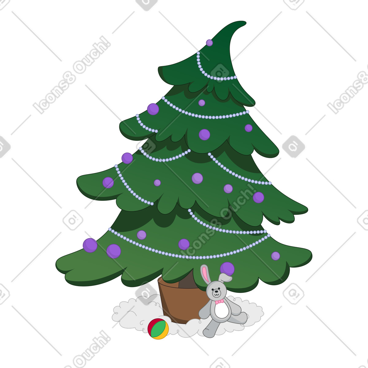 Santa Camp 스타일의 크리스마스 장식과 장난감이 있는 트리 일러스트레이션 PNG, SVG 다운로드