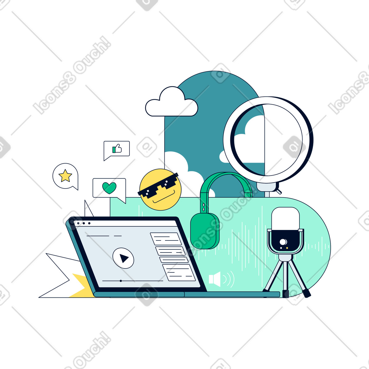 Ilustración Equipos para vlogs y podcasts en estilo Teal a descargar en PNG SVG