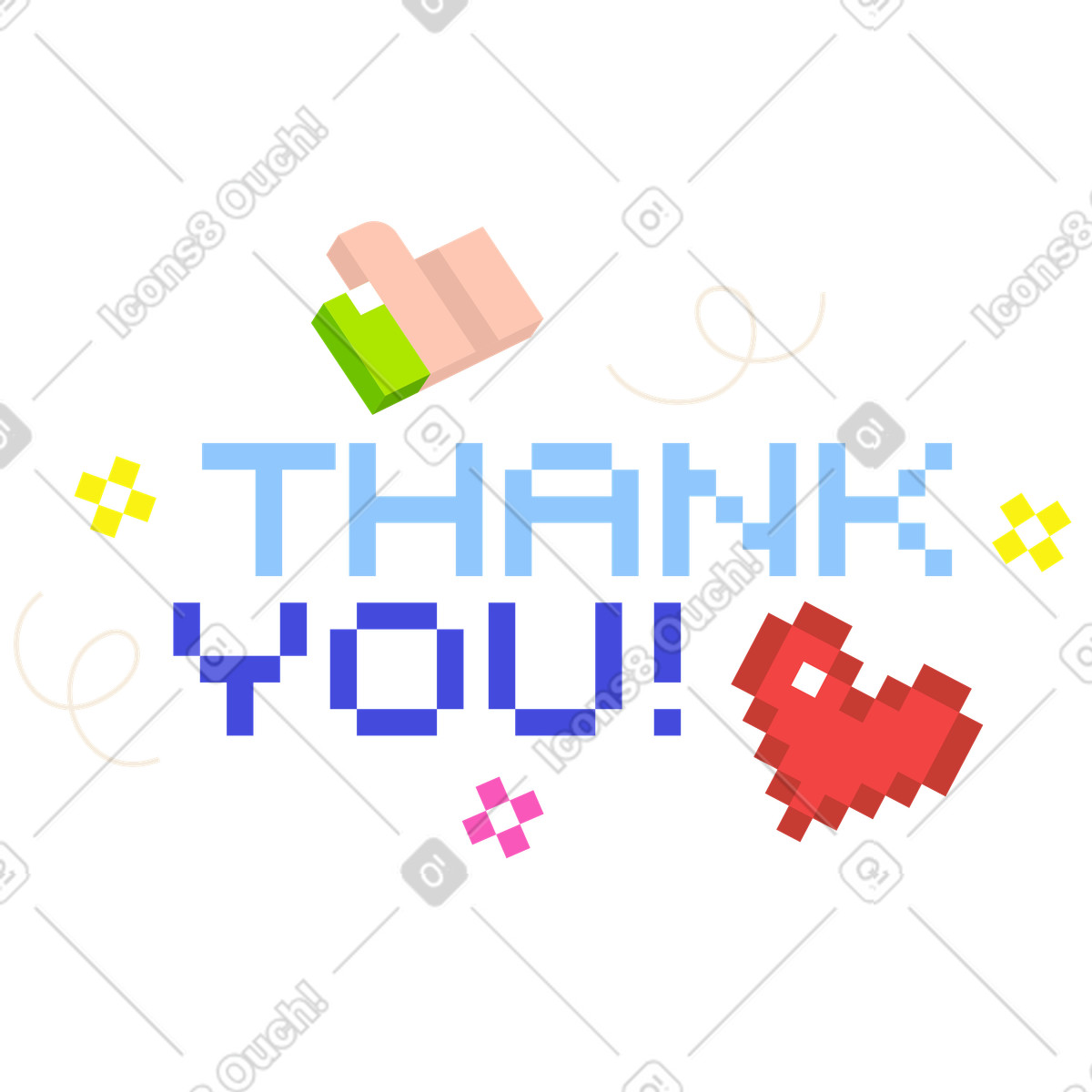 Lettering Thank You! with likes and sparkles text animated illustration in 8bit style download in GIF, Lottie (JSON), AE