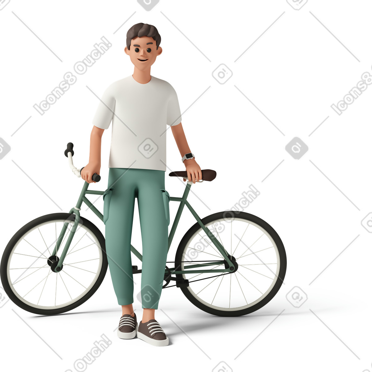 3D Casual life 스타일의 Young man standing with bicycle behind his back 일러스트레이션 PNG, SVG 다운로드