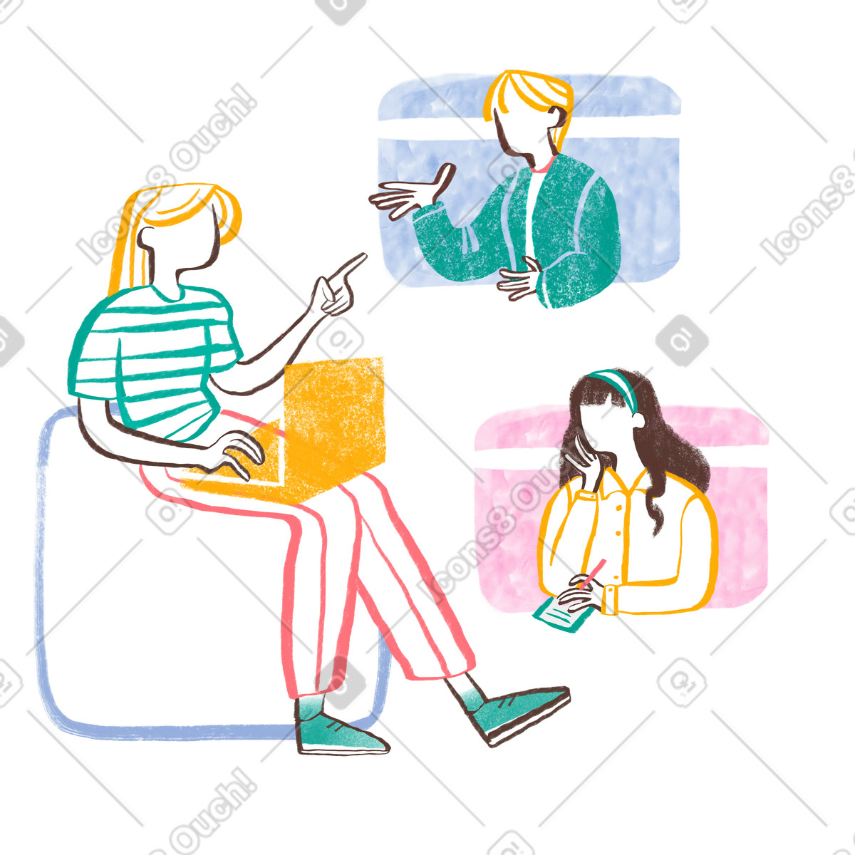 Three people having work video conference illustrazione in stile Company scarica in PNG, SVG