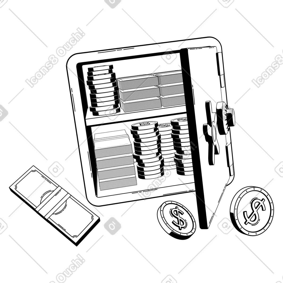 Ilustración Caja fuerte de metal segura con pilas monedas, protección activos y acumulación riqueza en estilo 3D Techny Line a descargar en PNG SVG