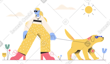 Cool woman in shaded glasses strolling with her dog PNG, SVG