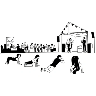 A group of several people are performing burpees on a grassy area. They are focused on their exercises, with their bodies in various stages of the movement. In the background, a large stage is set up, where musicians are playing, and speakers are positioned at the sides. A crowd of spectators is visible, some clapping and others watching intently. The scene is filled with a sense of energy and activity, as flags and decorations adorn the stage area.