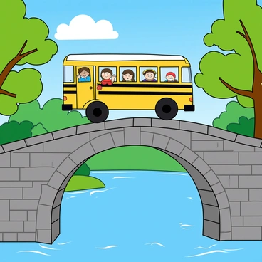 A bright yellow school bus is driving across a classic stone bridge. The bridge is arched and made of weathered gray stones, with small, round decorative features lining the edges. Below the bridge, a clear blue river flows gently, reflecting the light of the day. On either side of the bridge, lush green trees with leafy branches provide a natural frame. The bus has thick black tires and wide windows, with happy children visible inside, some waving. The sky above is a vibrant blue with a few fluffy white clouds.