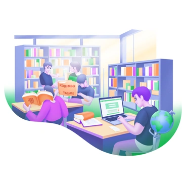 A modern pastel illustration depicting a library interior filled with shelves of books in various languages. Several students are seated at wooden study tables, each focused on different resources. One student is reading a thick book, the cover displaying words in Chinese. Another student is studying from a Spanish textbook, taking notes on a notepad. A third student is using a laptop with a browser window open that displays multiple language options. Sunlight filters through large windows, illuminating the space and creating a warm atmosphere. A globe sits on a nearby table, showcasing different countries and languages.