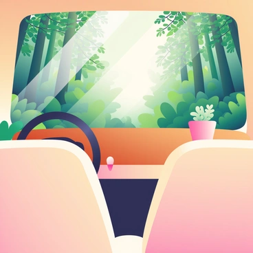 A cozy car interior with a view of dense forest greenery outside