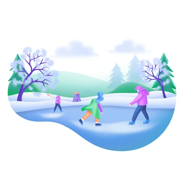 A frozen lake surface reflecting the crisp blue of the winter sky. Several skaters glide gracefully across the ice, wearing colorful winter clothing. The skaters leave behind delicate patterns in the frost as they move. In the background, snow-covered trees frame the scene, their branches glistening with frost. Fluffy clouds drift lazily across the sky, adding depth to the winter landscape.