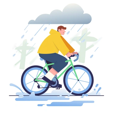 A determined cyclist with short brown hair is pedaling hard through a sudden downpour on a rainy day. The cyclist is wearing a bright yellow rain jacket that contrasts with the dark, gray clouds overhead. Raindrops are splashing on the ground, creating puddles that reflect the image. The wheels of the bicycle are spinning rapidly, sending up small sprays of water. In the background, blurred outlines of trees can be seen, with droplets clinging to their leaves. The scene conveys a sense of motion and resilience against the weather.