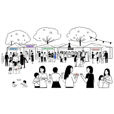 A busy outdoor festival scene filled with people enjoying various types of crepes. Stalls are set up with colorful banners displaying "Crepe Festival" in large letters. Crowds of diverse attendees are gathered around the stalls, with some holding plates of crepes filled with fruits, chocolate, or whipped cream. In the foreground, a family is sharing a large crepe, while a group of friends laughs together nearby. Numerous trees provide shade, and streamers are hanging between the stalls, adding to the festive atmosphere. Children are playing games in one corner of the scene, while a live band is performing on a small stage in the background.