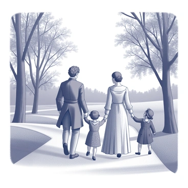A colonial family is strolling along a dirt path during the evening. The family consists of a father, dressed in a dark frock coat, and a mother wearing a long, flowing gown, both with period-appropriate hairstyles. They are accompanied by two children, a boy and a girl, who are playfully walking ahead, holding hands. The boy is in a knee-length coat, while the girl wears a bonnet and a dress adorned with simple patterns. Surrounding them are tall trees with dense foliage, and a soft light casts shadows on the ground. The atmosphere suggests an impending sense of tension, as the family remains blissfully unaware of the distant sounds of rising unrest.