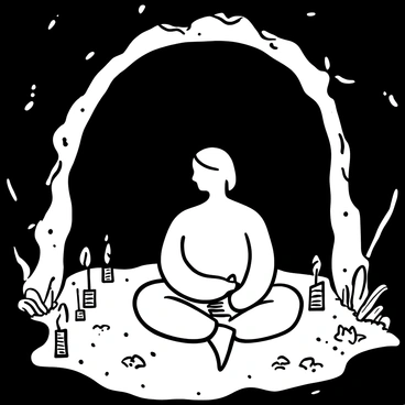 A figure of Adiyogi seated in a cross-legged position, immersed in deep meditation. The cave is dimly lit, with soft shadows playing across the rough stone walls. Flickering candles are arranged around the figure, their flames casting gentle light and creating a serene atmosphere. The ground is uneven and rocky, with small patches of moss and scattered pebbles. Intricate patterns are visible on the stone surface, adding texture to the scene. The overall ambiance conveys a sense of tranquility and focus.