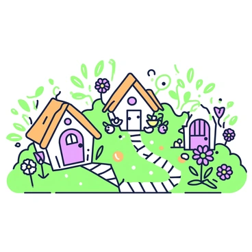A whimsical fairy garden is arranged with several tiny houses nestled among vibrant calendula flowers. The houses are crafted from natural materials, with thatched roofs and colorful doors. Calendula flowers grow in abundance, their bright blooms surrounding the houses, creating a lively environment. A small winding path made of pebbles leads through the garden, connecting the houses. Delicate green leaves frame the scene, enhancing the enchanting atmosphere of the garden.