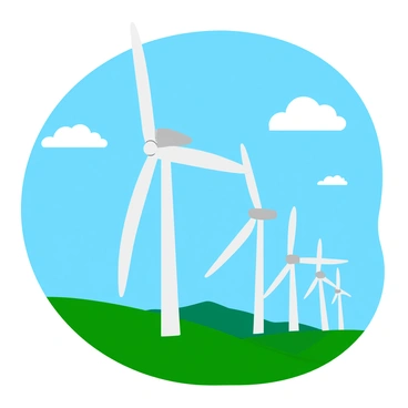 A series of tall wind turbines with white blades spinning gently on a green hillside. The turbines are positioned in a row, their bases partially obscured by lush green grass. In the background, a clear blue sky stretches endlessly, with a few fluffy white clouds scattered throughout. The sunlight casts bright highlights on the turbines, emphasizing their sleek design. The scene conveys a sense of harmony between technology and nature.