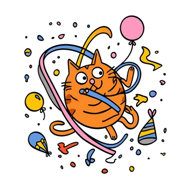 A cute tabby cat with orange stripes is tangled in colorful streamers and ribbons from party favors. The cat has big eyes, looking surprised and playful as it tries to free itself. The streamers are bright in colors, including red, blue, and yellow, creating a festive atmosphere around the cat. The cat's paws are playfully swatting at the ribbons, and its tail is flicking in excitement. The background features scattered party hats and balloons, enhancing the celebratory scene.