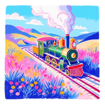 A vintage steam train is traveling along a winding track through a lush landscape. The train features a dark green exterior with shiny brass accents and large, spoked wheels. Puffs of white smoke billow from its smokestack, forming intricate, decorative designs in the air above. The surrounding scenery includes gently rolling hills and clusters of vibrant wildflowers. A bright blue sky with fluffy white clouds can be seen in the background.