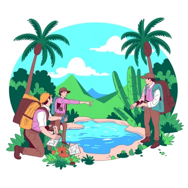 A group of explorers wearing colorful gear stands at the edge of a lush green oasis surrounded by tall palm trees. The sky above is bright blue with scattered white clouds. The explorers, two men and a woman, are holding various tools like binoculars and maps. In the center of the oasis, there is a clear blue pond reflecting the sunlight, surrounded by vibrant flowers and dense foliage. One explorer is kneeling down to examine a unique plant while another looks towards the horizon, and the woman points excitedly at the sparkling water.