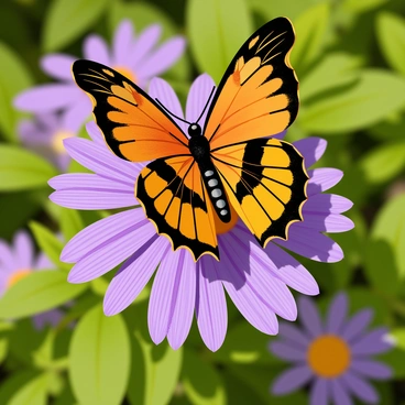 A butterfly gently resting on an aster flower in a serene garden setting