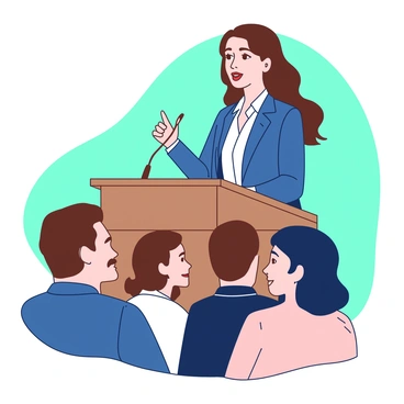 A young woman with long brown hair is standing confidently at a wooden podium while delivering a speech. She is wearing a navy blue blazer and a white blouse. Her expression is focused and engaging, with her right hand raised for emphasis. In front of her, there is a diverse audience showing supportive faces. Some audience members are nodding and smiling, while others are leaning forward, listening intently. The background features a soft gradient of teal and white.