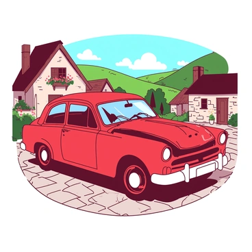 A vintage car with its front end damaged in a quaint village