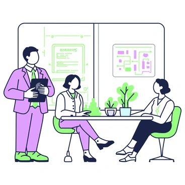 A SudLife advisor is standing in a bright, modern office, engaging with a couple seated at a sleek glass table. The advisor is wearing a tailored suit and holding a tablet, displaying various benefits. The couple, a man and a woman, are dressed in casual business attire, looking attentively at the advisor. Behind them, large windows allow natural light to flood the space, highlighting a few green potted plants positioned on the window sill. On the wall, there is a large infographic illustrating key benefits, alongside a whiteboard filled with notes and diagrams. The overall atmosphere conveys professionalism and clarity.