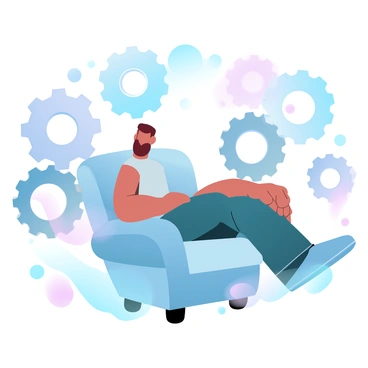 A person is sitting comfortably in a plush chair, positioned with a relaxed posture. Surrounding the chair are large, sluggish gears, intricately detailed, turning slowly as they represent a slow metabolism. The gears vary in size and texture, with some made of shiny metal and others appearing rusty, creating an industrial atmosphere. The background features a gradient of pastel colors, enhancing the focus on the person and the gears.