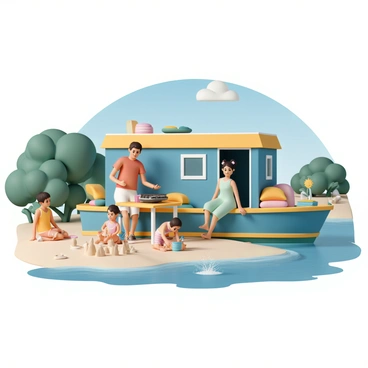 A family of four is spending their day on a vibrant houseboat. The houseboat is painted in bright blue and yellow colors, with colorful cushions scattered across the deck. The father, wearing a red T-shirt and shorts, is grilling on a small barbecue. The mother, in a light green dress, is seated at a table, smiling as she helps the youngest child, a girl in a pink swimsuit, build a sandcastle using colorful buckets and shovels on the sandy riverbank. The older brother, wearing a bright orange tank top and swim trunks, is splashing water playfully into the river while sitting at the edge of the houseboat. Lush greenery surrounds the riverbank, and a clear blue sky is overhead, creating a cheerful and lively atmosphere.