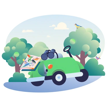 A green golf cart is parked on a gravel path near a bird sanctuary. The cart has a pair of black binoculars resting on the dashboard. Next to the binoculars, there is a colorful bird guidebook with vivid illustrations of various bird species. In the background, there are dense trees and shrubs typical of a sanctuary habitat. A few birds can be seen perched on branches nearby, while the sky above is a soft blue with wispy white clouds. The scene conveys a peaceful atmosphere, inviting exploration and observation.